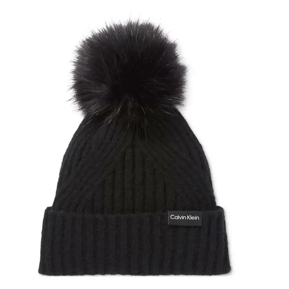Calvin Klein Women's Black Ribbed Furry Pom Pom Hat One Size